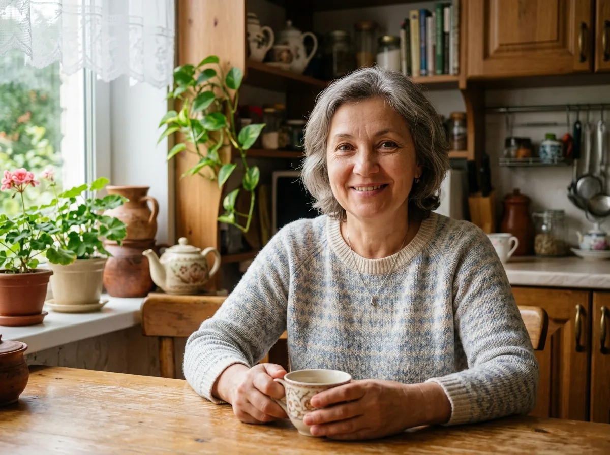 Аватар: женщина 50 лет, добрый взгляд, домашний интерьер