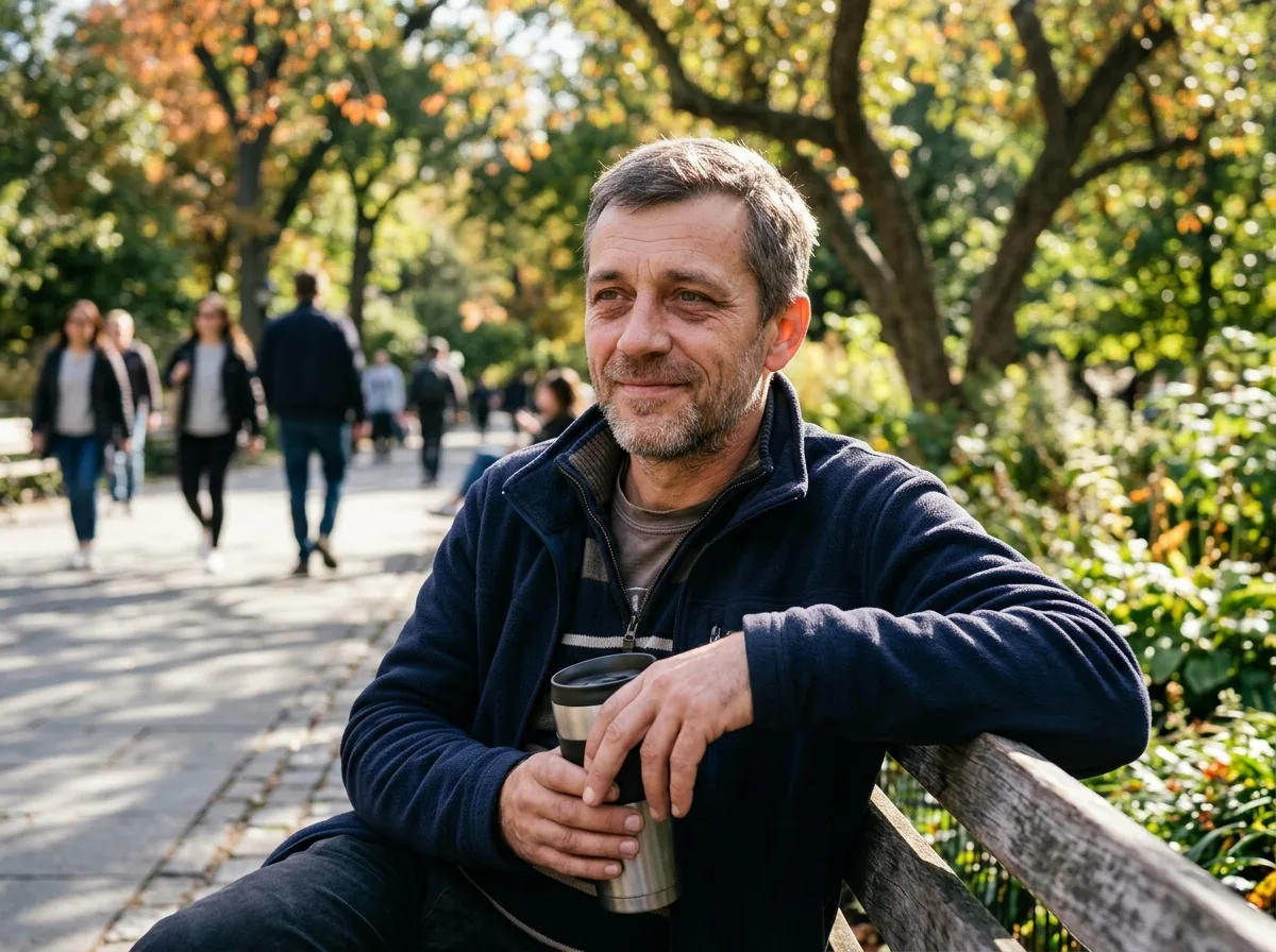 Аватар: мужчина 43 года, усталый но облегчённый вид, яркий день